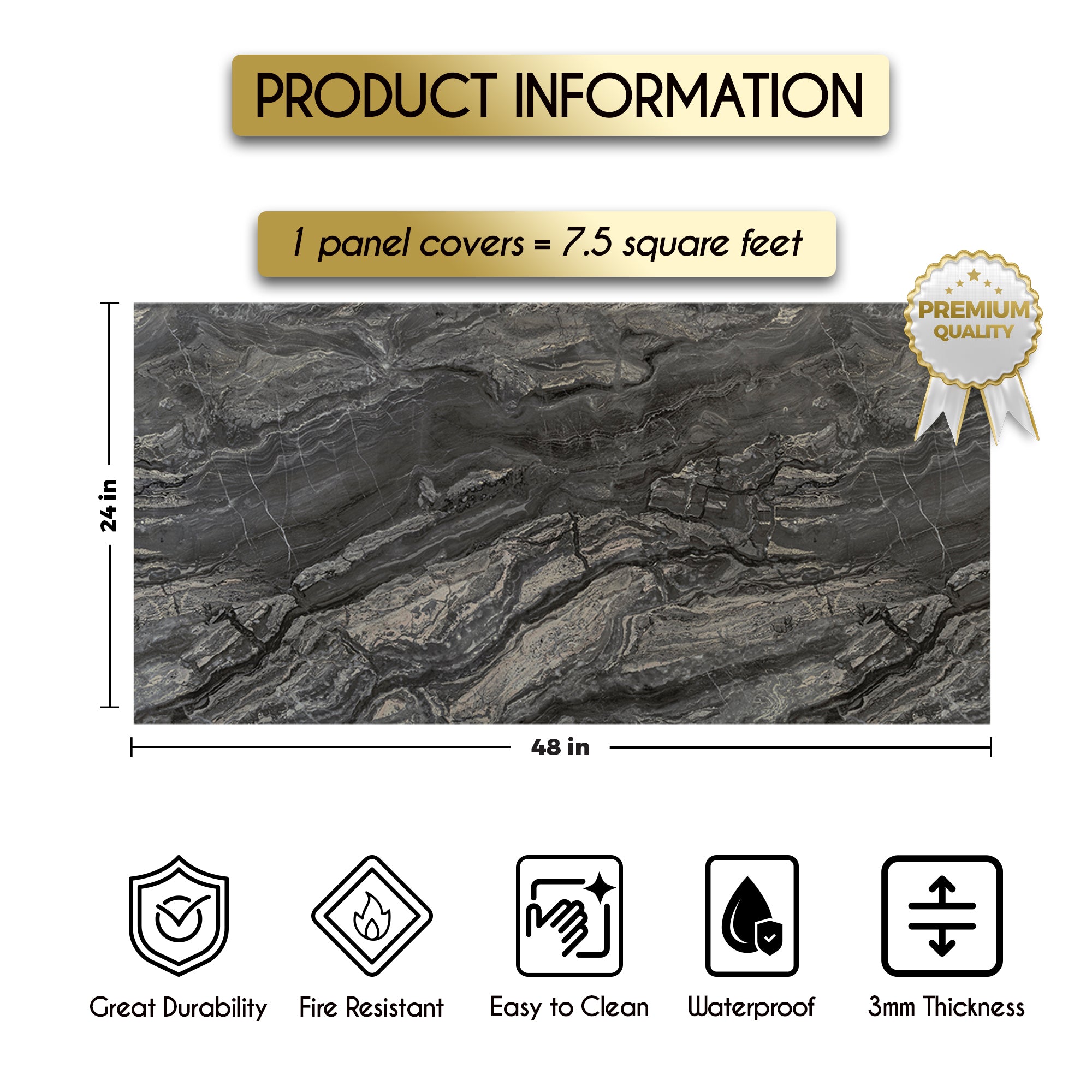 Midnight Vein Marble Look Wallpanels (24in x 48in)