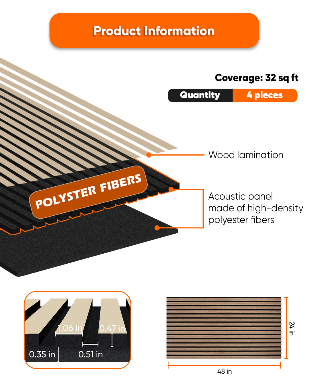 Dark | Peel and Stick Acoustic Wood Effect Wall Panels, 24"x48" | 4 Pieces | For Sound Insulation, Living Room Wall Decor