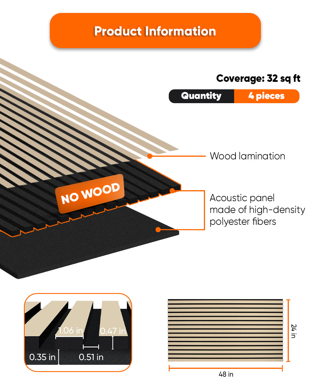 Acoustic Wood Wall Panel, Peel and Stick, 24inx48in – White