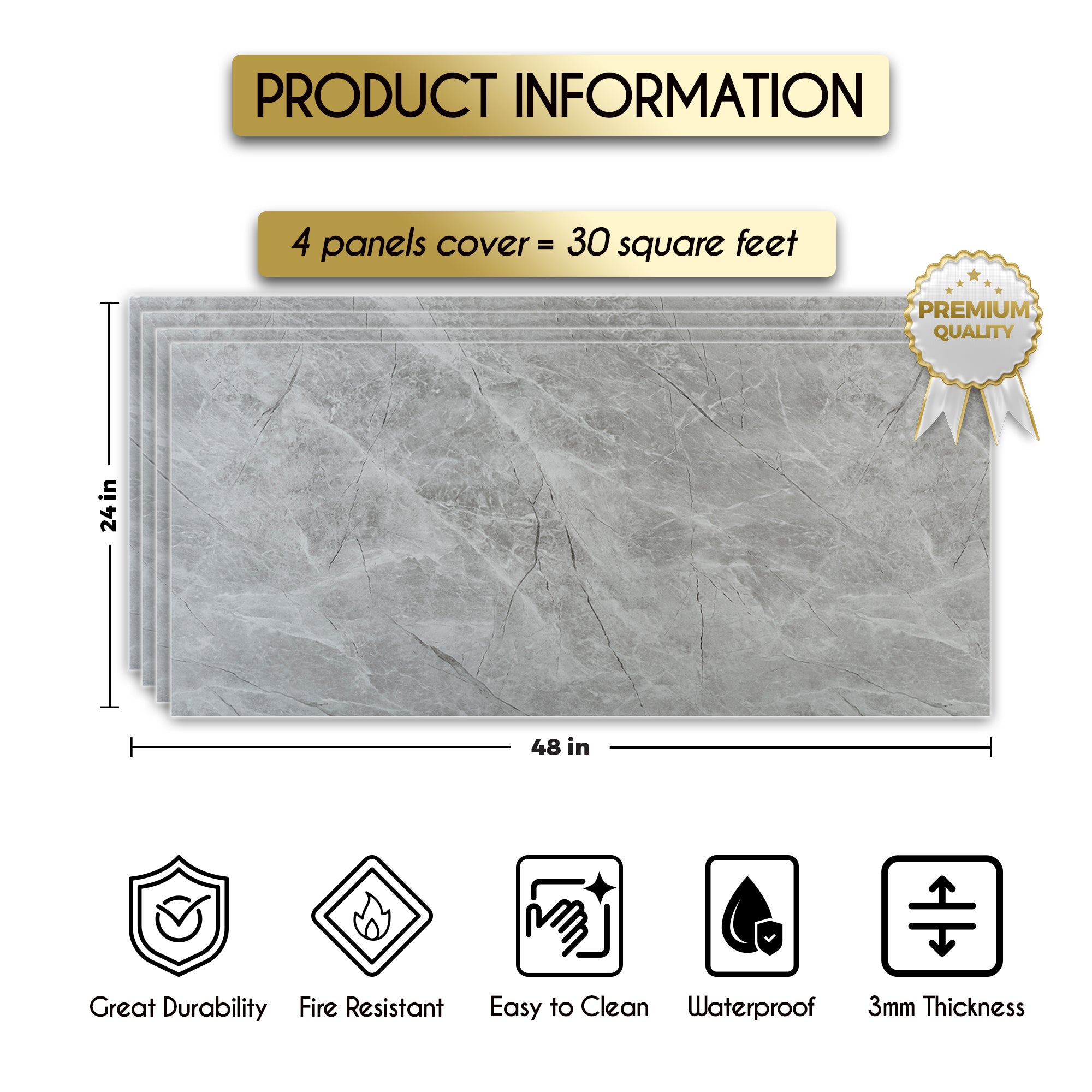 Silver Mist Marble Look Wallpanels (24in x 48in)