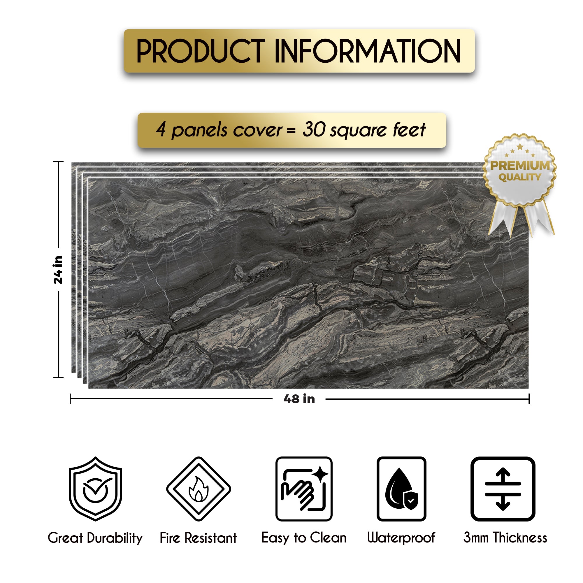 Midnight Vein Marble Look Wallpanels (24in x 48in)