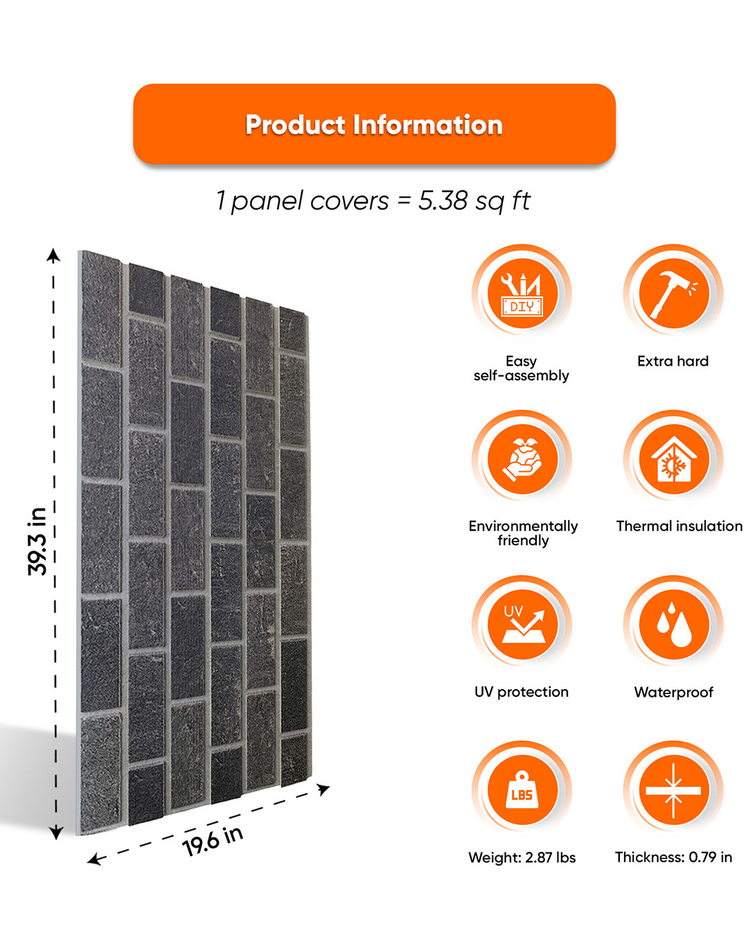 Ash Smoke T-1905 | 3D Brick Effect Decorative Wall Panels, 20x40in | 3/10/20 Panel Options