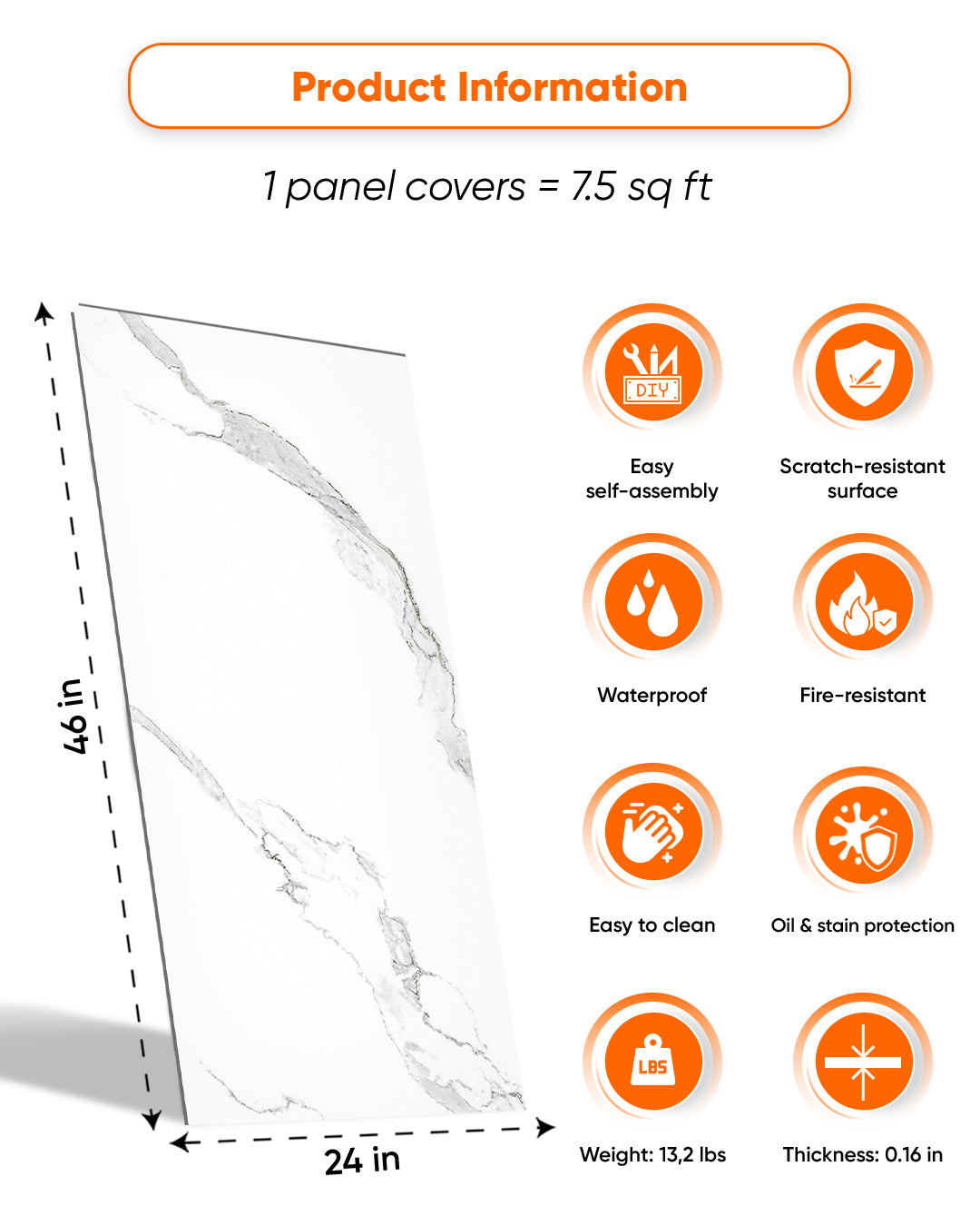 Frozen Horizon- Spc Lock System Marble Effect Wall Panel (24 × 46 in) Glossy Finish