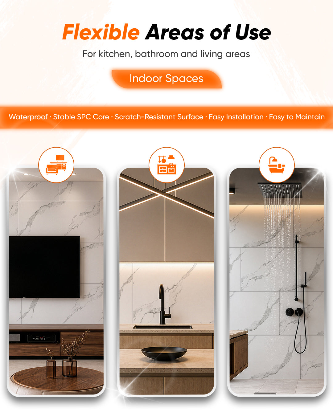 Frozen Horizon- Spc Lock System Marble Effect Wall Panel (24 × 46 in) Glossy Finish