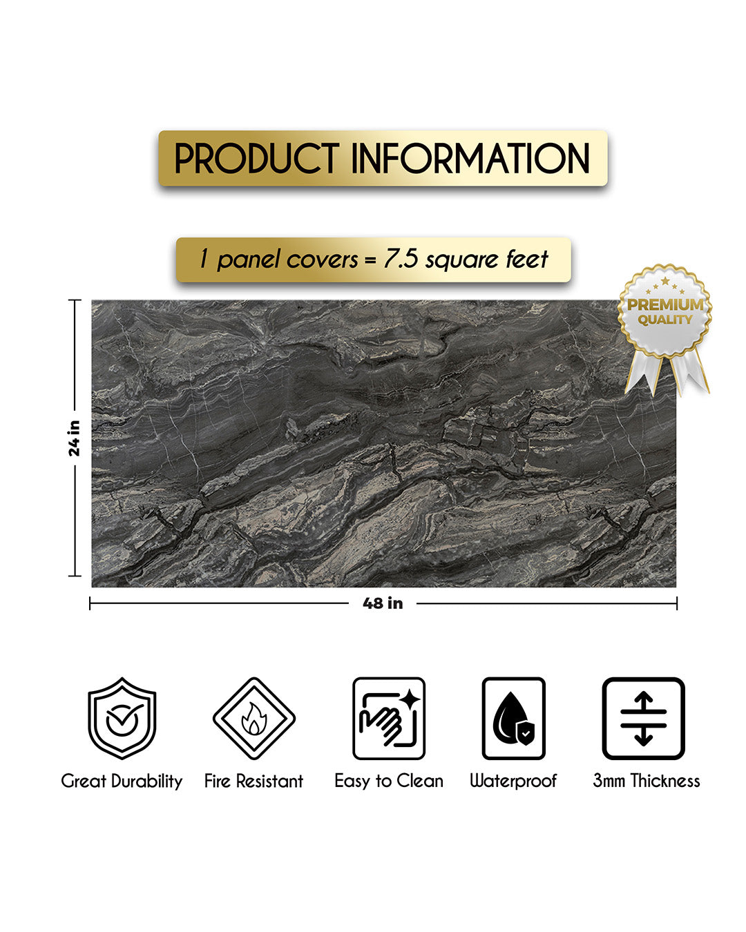 Midnight Vein Marble Look Wallpanels (24in x 48in)