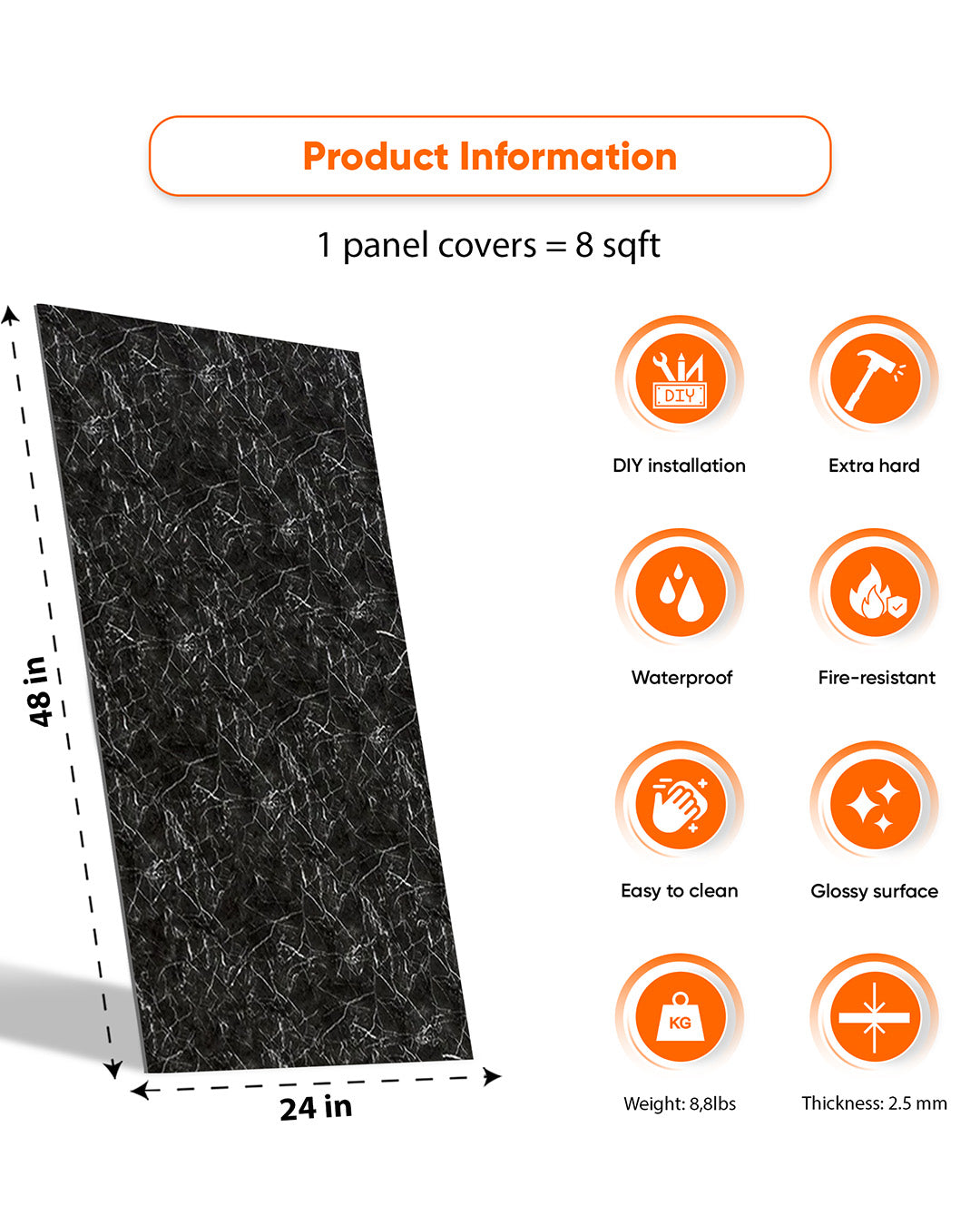 Nightfall Vein | Marble Look Decorative Wall Panels (24"x48") | 4 Pieces  | Alternative to Bathroom & Kitchen Tiles, Shower Wall Panels, Kitchen Backsplash