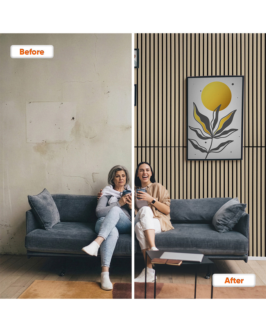 White | Peel and Stick Acoustic Wood Effect Wall Panels, 24"x48" | 4 Pieces | For Sound Insulation, Living Room Wall Decor